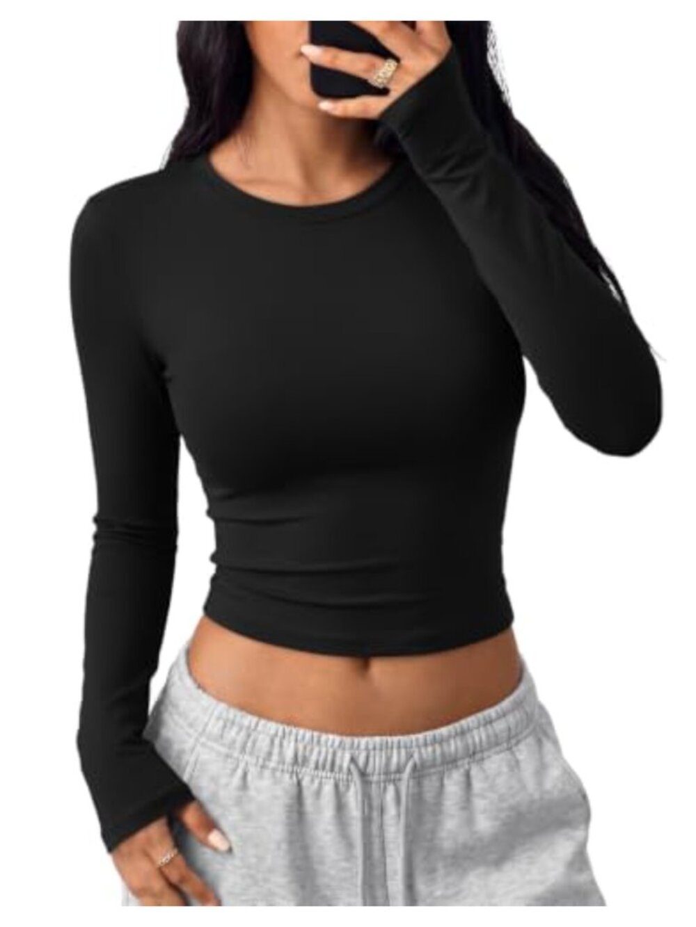 Women's Long Sleeve Crew Neck Cropped Tee Slim Fit Stretch Basic Top